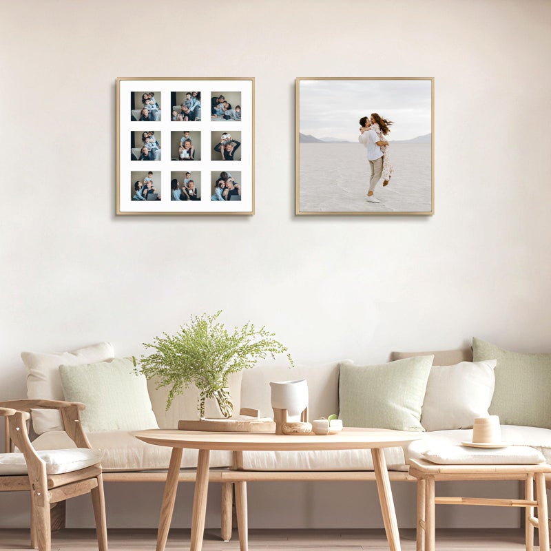 Frametory - 16x16 Aluminum Collage Picture Frame - Display 4x4 Pictures with 9 Openings Mat - Real Glass Front - Horizontal/Vertical Wall Mount - Gold 1 Pack - Image 2